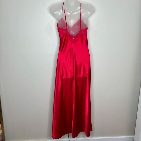 Vintage Victoria’s Secret Y2k Silky Slit Red Maxi Slip Dress Rosette Lace Medium - Picture 4 of 8